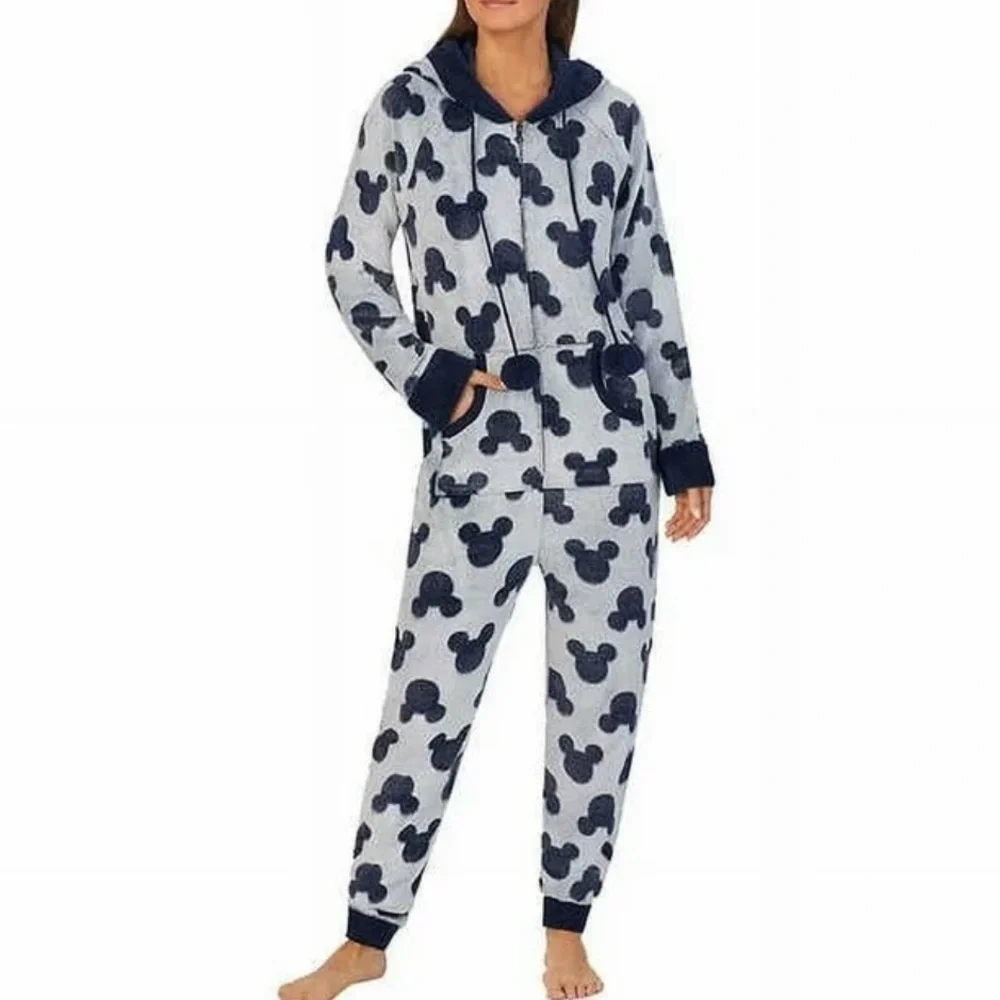 Disney Women's Mickey Mouse Hooded One Piece Zip Up Fleece Pajamas Blue M - Picture 1 of 7